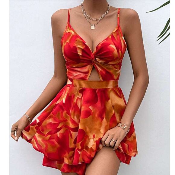 Shein Red Orange Floral Short Mini Dress Romper Medium Cut Out - Picture 2 of 11